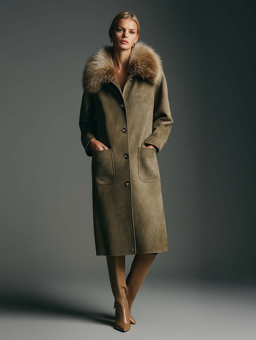 Retro Fashion Green Double Pocket Faux Suede Fur Collar Coat
