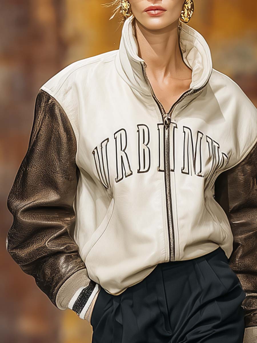 Retro Casual Sportswear Lapel Front Zipper Contrast Sleeves Baseball Jacket