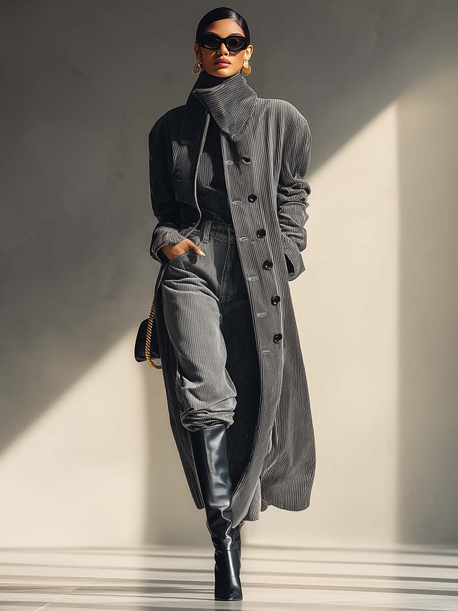 Temperament Street Urban Openable High Collar Front Button Gray Corduroy Coat