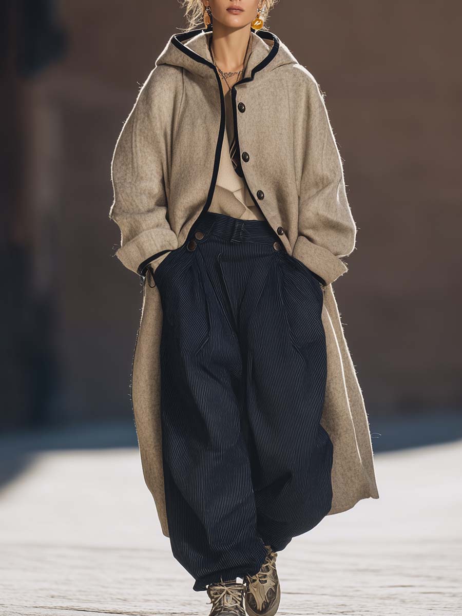 Retro Versatile Street Hooded Black Trim Beige Wool Loose Coat