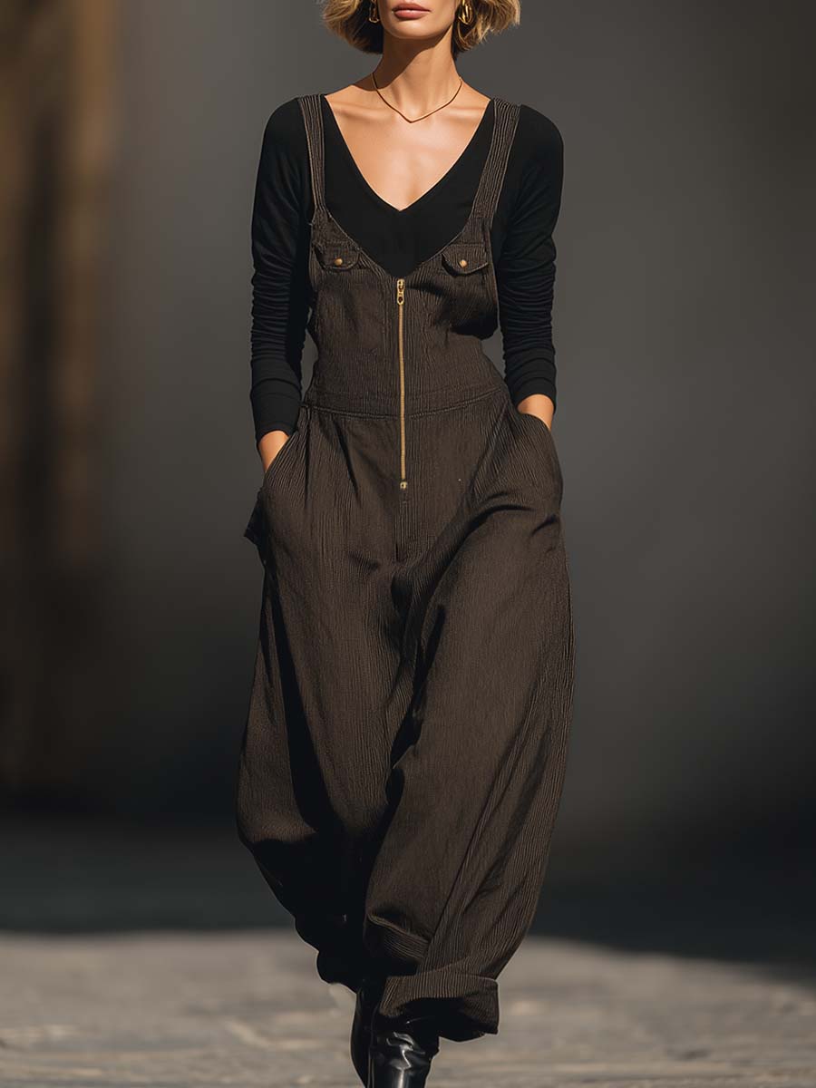 Vintage Casual Urban V-neck Front Zipper Brown Textured Jumpsuit Overalls