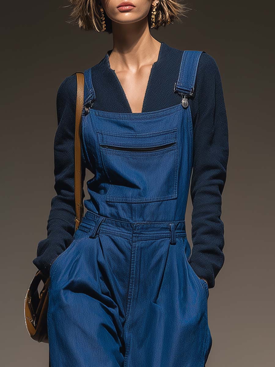 Versatile And Casual High-quality Blue Denim Pocket Jumpsuit Overalls