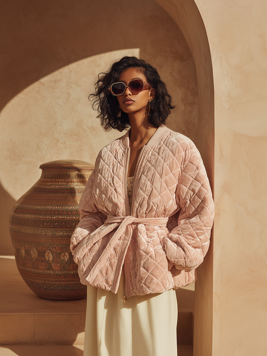 Retro Fashion Round Neck Belted Pink Velvet Quilted Jacket