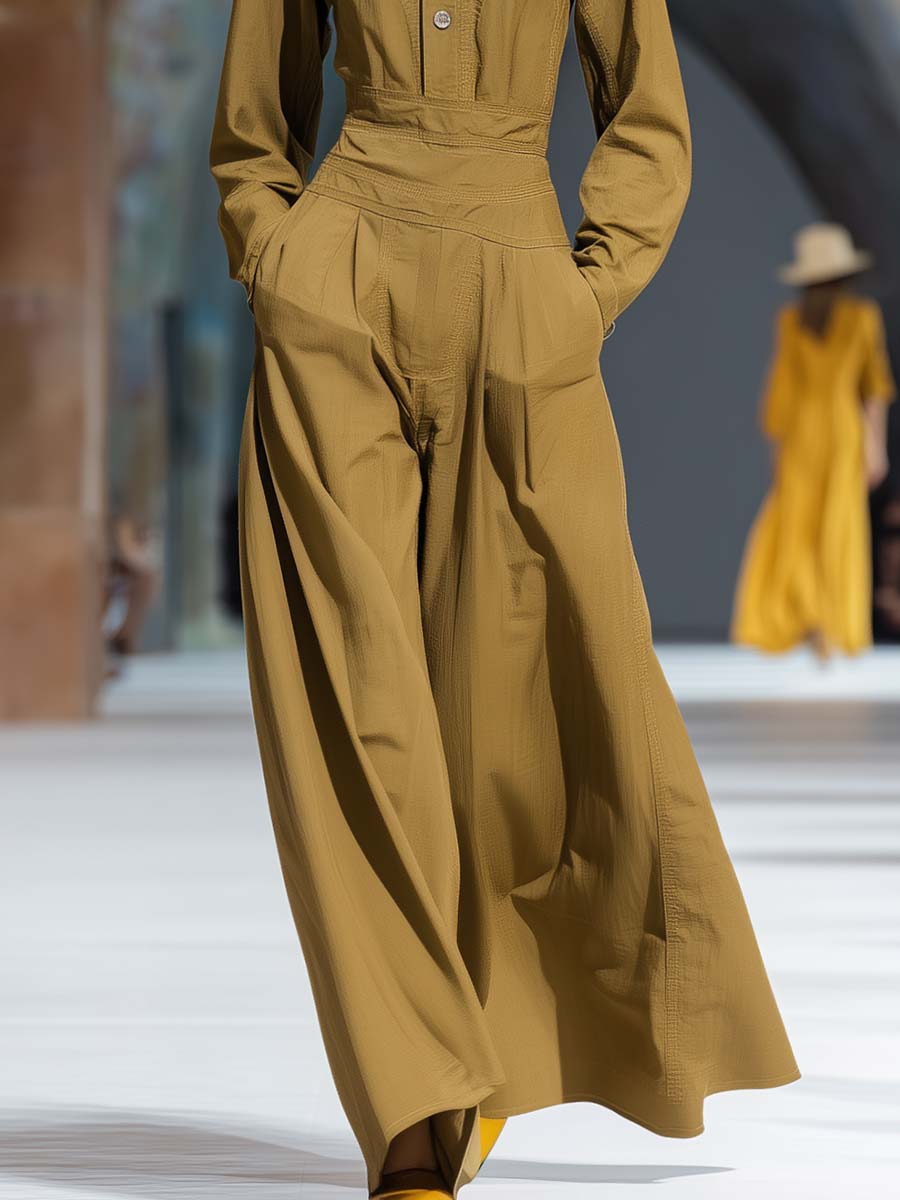 Retro Temperament Half Turtleneck Front Button Khaki Ultra-wide Leg Jumpsuit