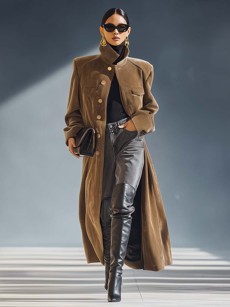 Urban Retro Temperament High Collar Front Metal Button Brown Corduroy Coat