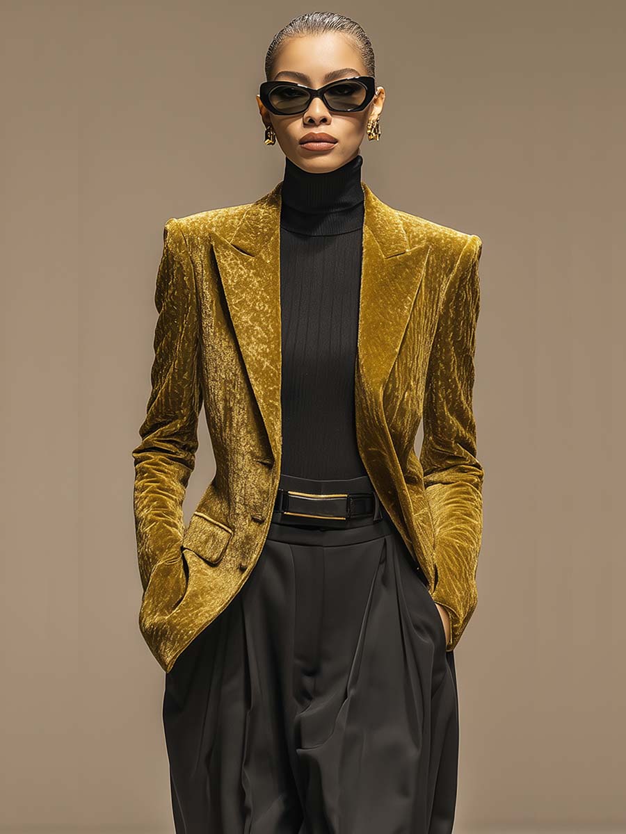 Temperament Fashion Peaked Lapel Single-breasted 3-button Small X-shaped Gold Velvet Blazer