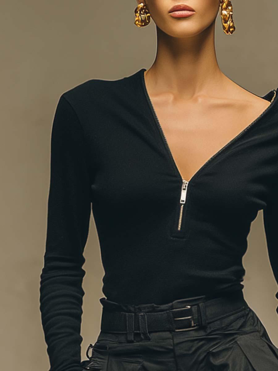 Oakly Fashion™ | V-neck Black Stretch Cotton Shirt