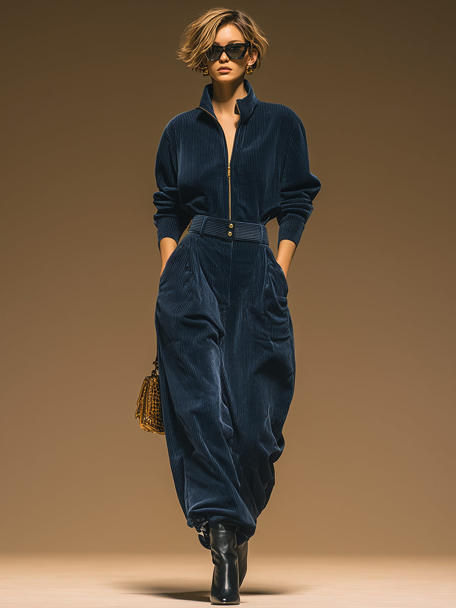 Fashionable Urban Casual Stand-up Collar Front Zipper Dark Blue Corduroy Jumpsuit