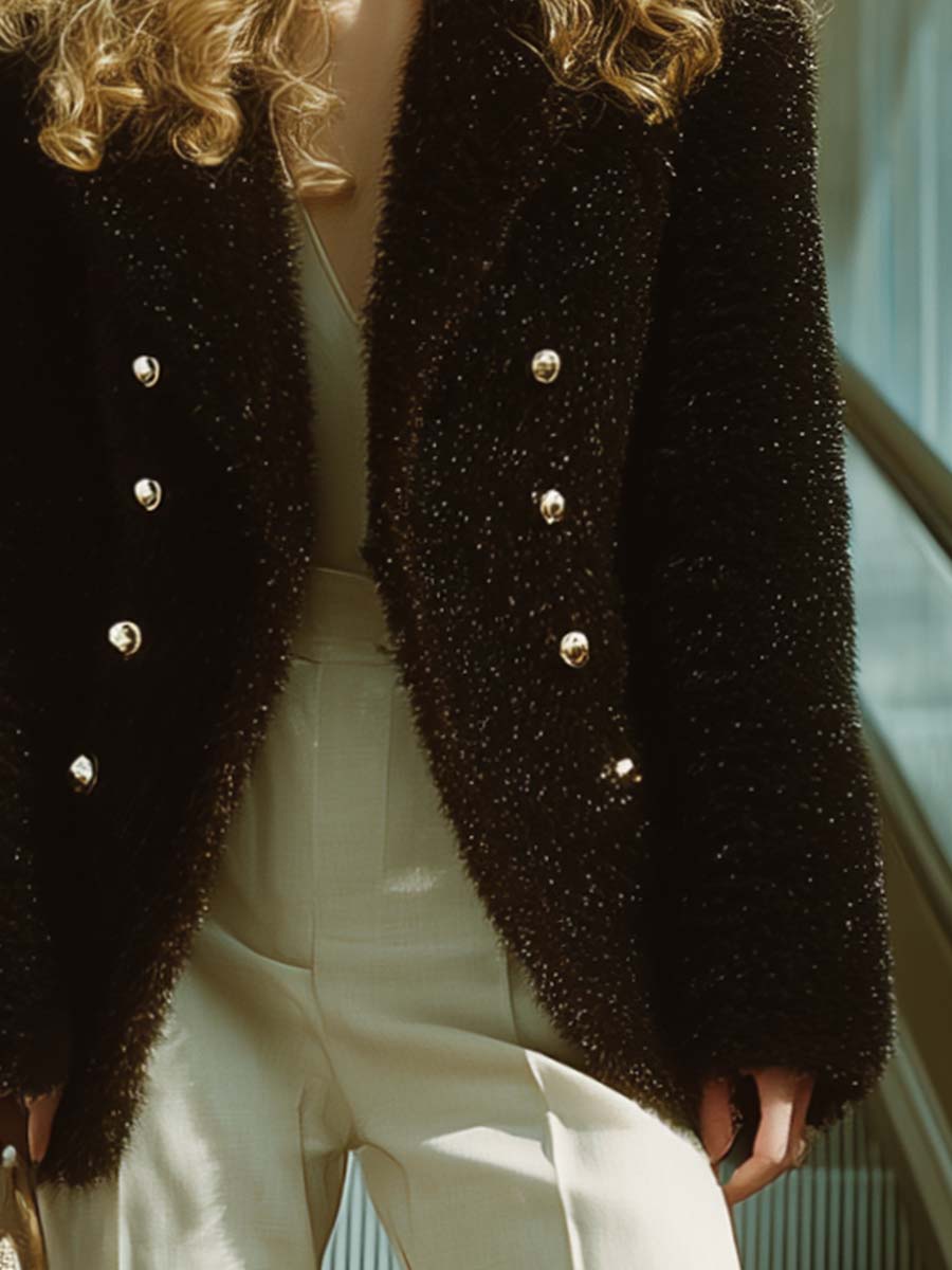 Vintage Modern Front Lapel Black Shiny Eco-friendly Fur Jacket Coat