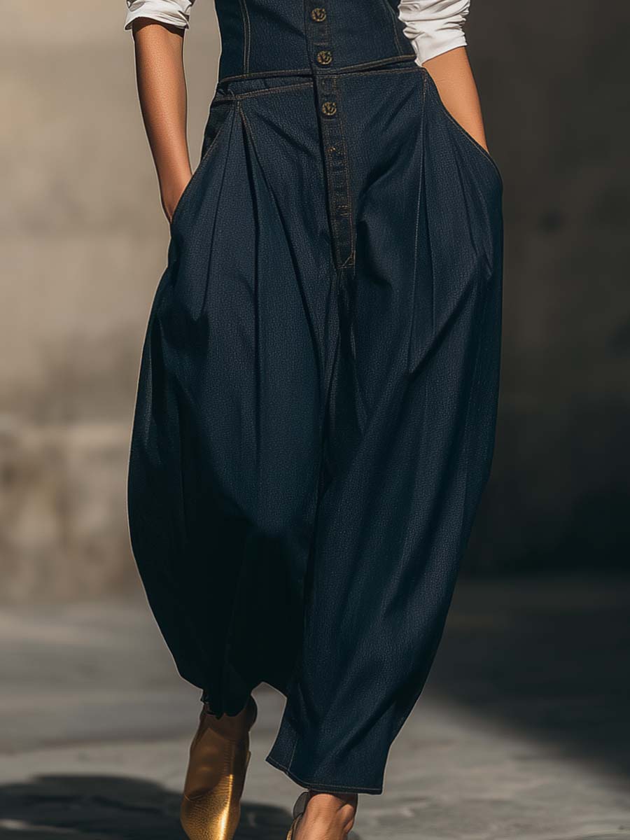 Temperamental And Fashionable Urban Dark Blue Denim Tube Top Loose Jumpsuit And White Shirt Set