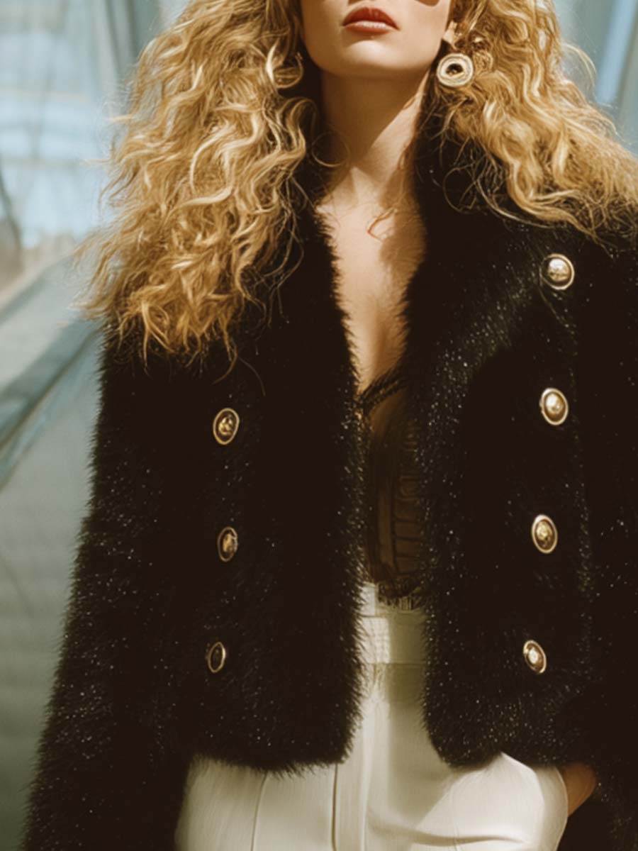 Urban Retro Lapel Metal Front Button Black Faux Fur Short Jacket