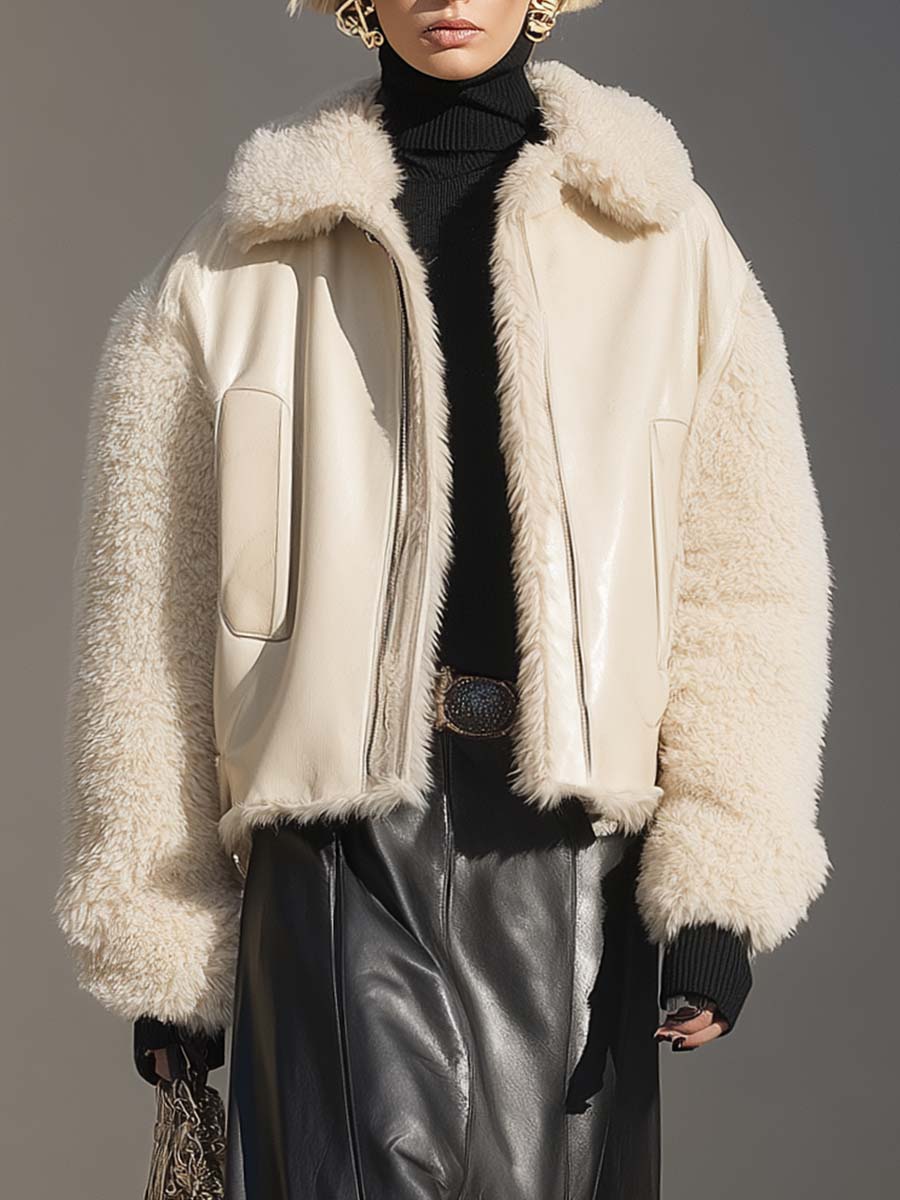 Refined Casual Urban Front Zipper Cream Faux Leather And Faux Fur Collar Jacket
