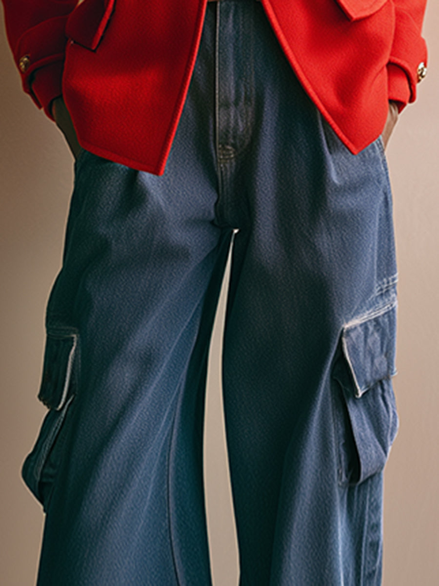 Retro And Fashionable Free People Work Pocket Wide-leg Jeans