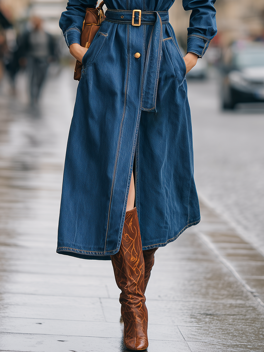 Vintage Lapel Metal Button Multi-pocket Long Denim Coat