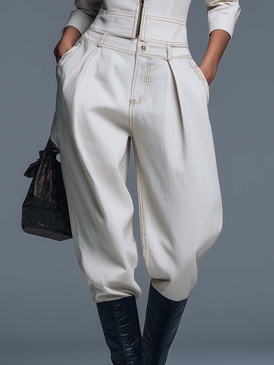 Classic Versatile Fashion Simple White Denim Tapered Pants