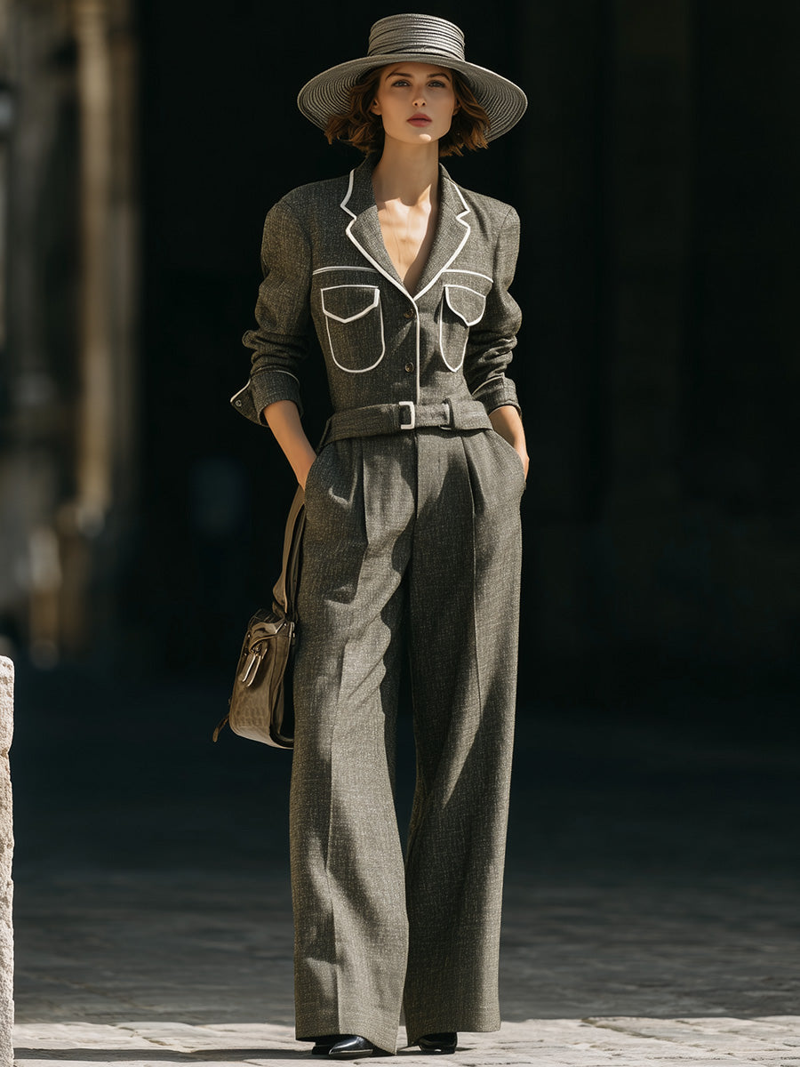 Retro Street V-neck Front Button White Trim Belt Gray Green Jumpsuit