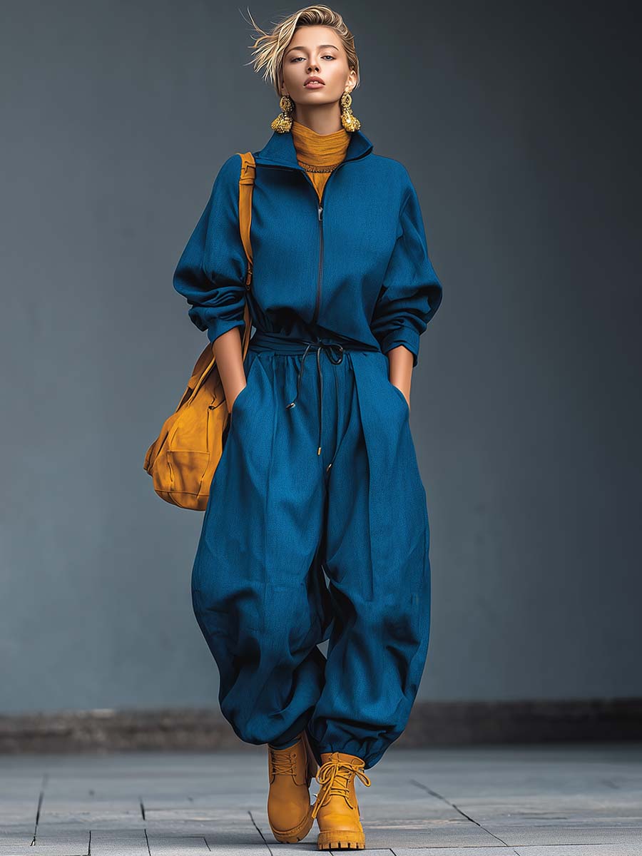 Casual Fashion Lapel Front Zipper Scimitar Wide Pants Royal Blue Cotton Jumpsuit