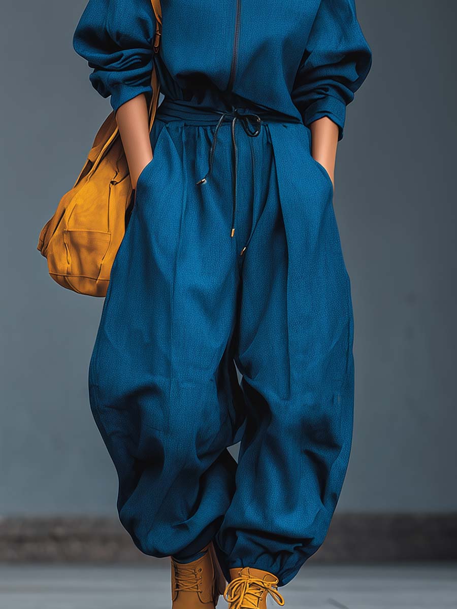 Casual Fashion Lapel Front Zipper Scimitar Wide Pants Royal Blue Cotton Jumpsuit