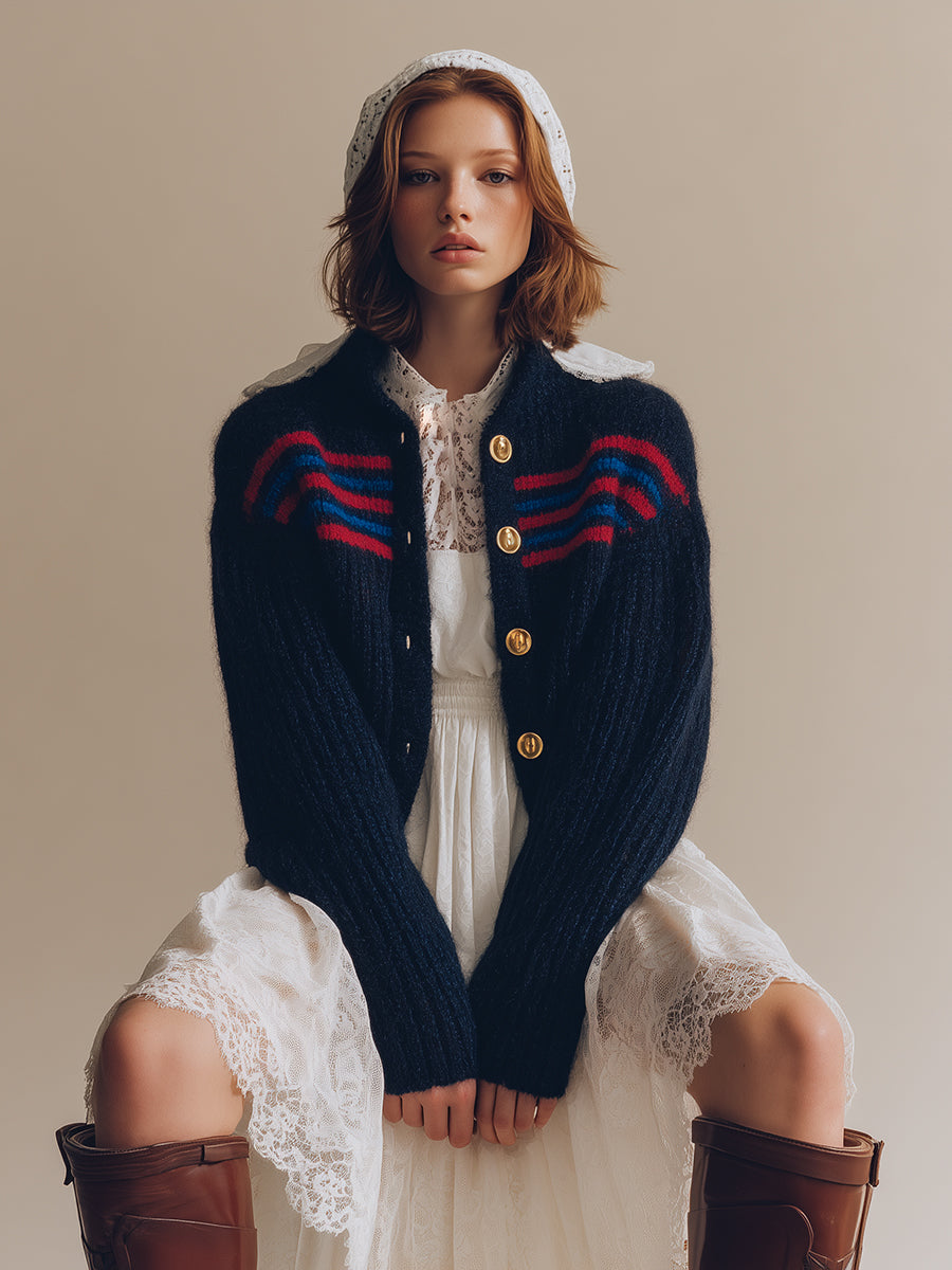 Retro And Fashionable Red And Blue Striped Navy Blue Mohair Knitted Cardigan
