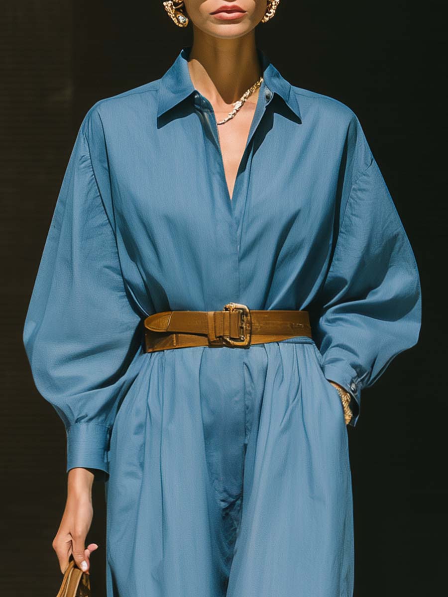 Temperamental And Fashionable Street Bat Sleeve Belt Blue Shirt-style Jumpsuit