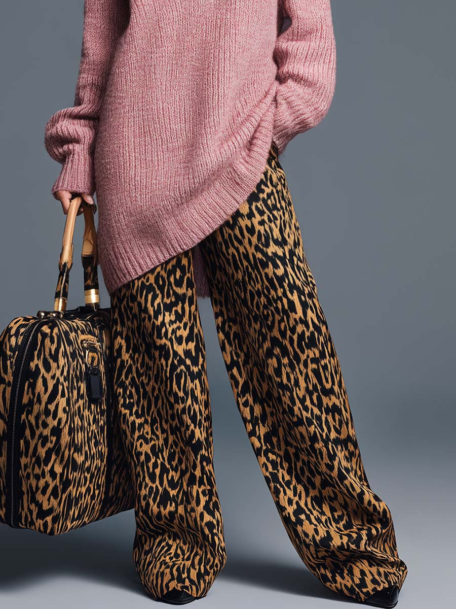 High-end Comfortable Versatile Brown Leopard Print Wide-leg Pants