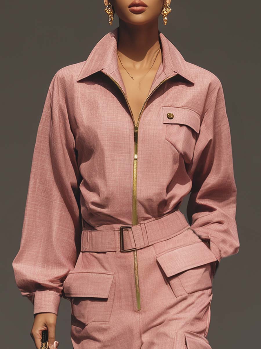 Exquisite Casual Fashion Lapel Front Zipper Work Pocket Pink Loose Jumpsuit