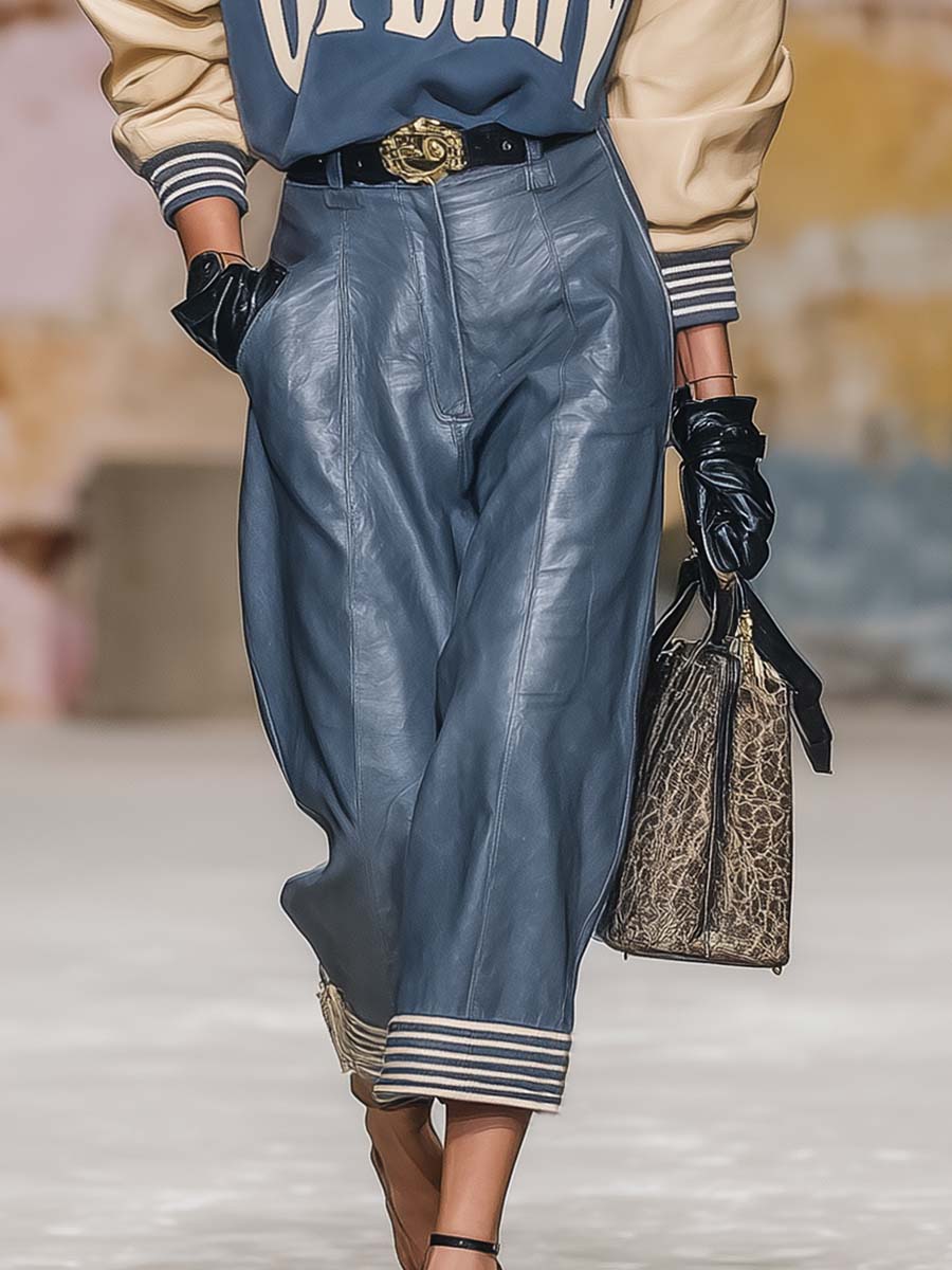 Versatile Retro Fashion Contrast Striped Hem Blue Leather Cropped Trousers