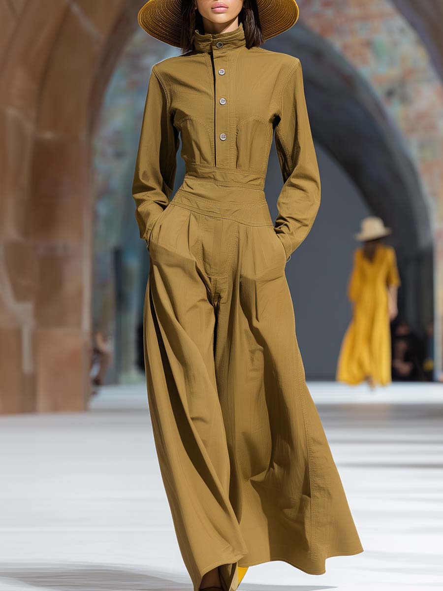 Retro Temperament Half Turtleneck Front Button Khaki Ultra-wide Leg Jumpsuit