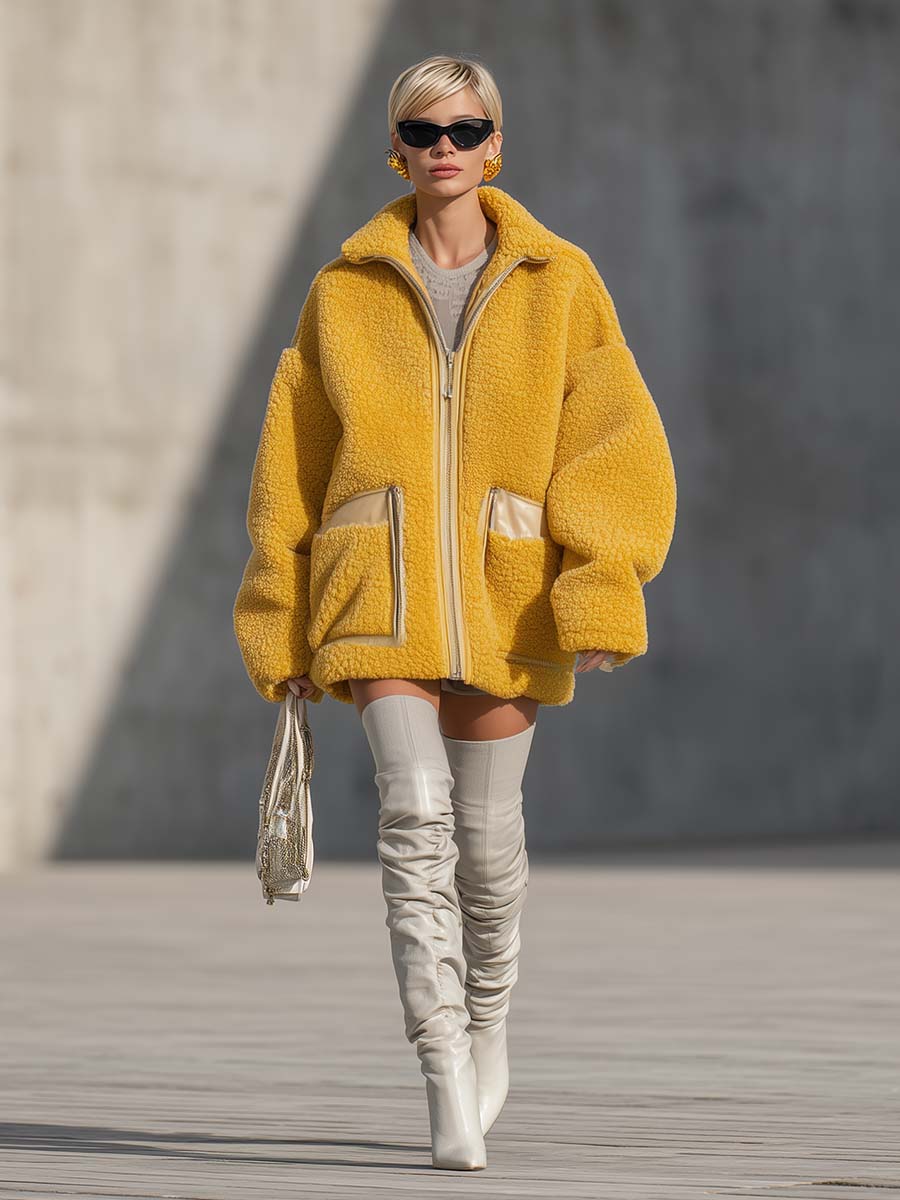 Urban Fashion Street Style Lapel Front Zipper Leather Pocket Goose Yellow Polar Fleece Coat