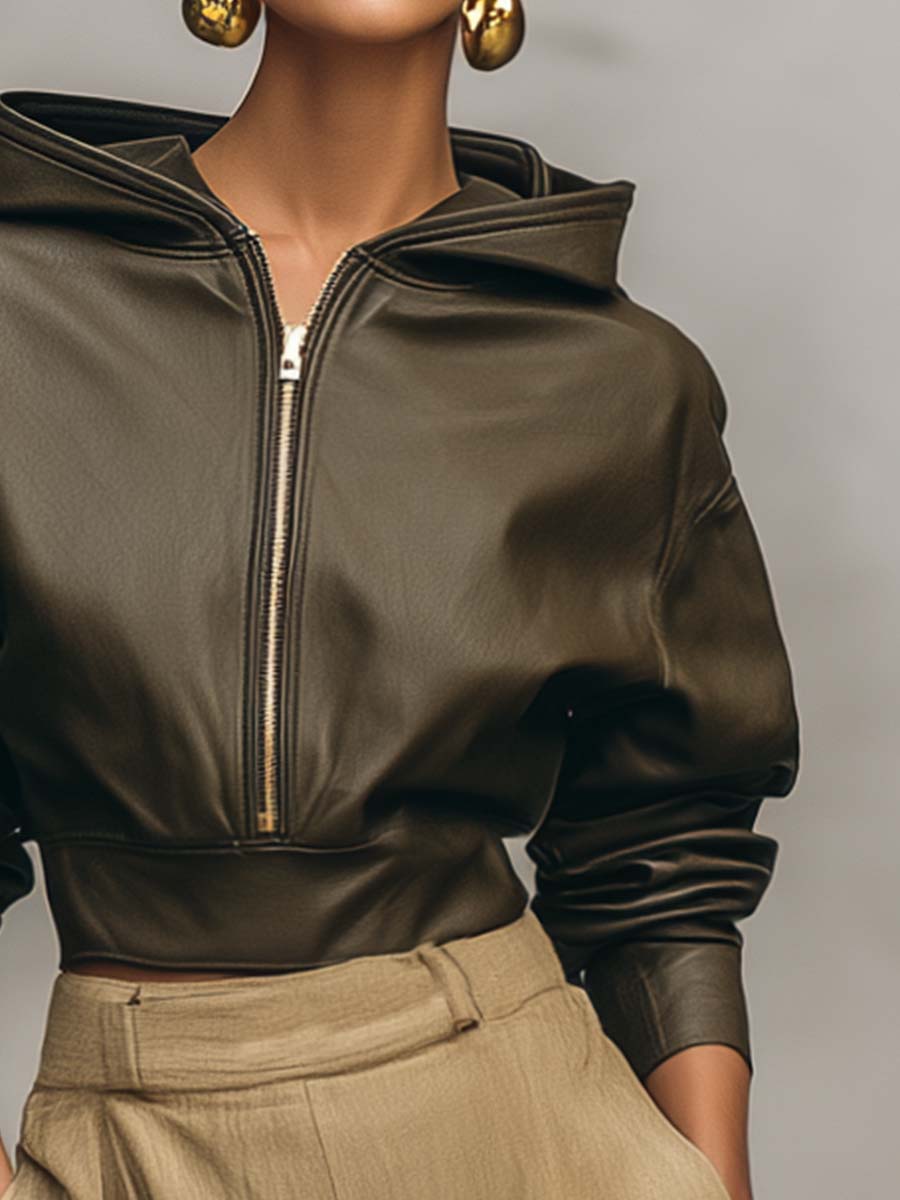 Temperament And Fashion Hooded Front Zipper Moss Green Eco-friendly Leather Short Jacket