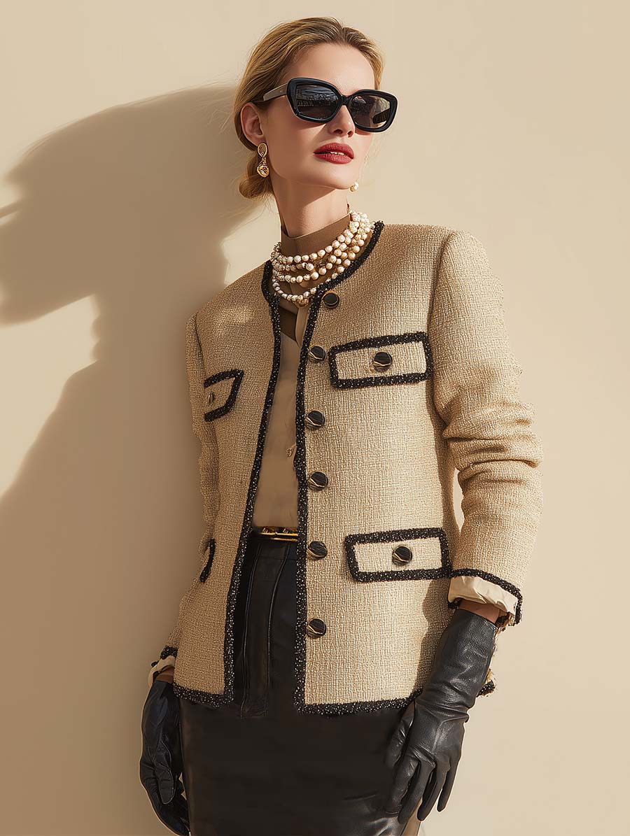 Vintage Fashion Beige Tweed Button Blazers