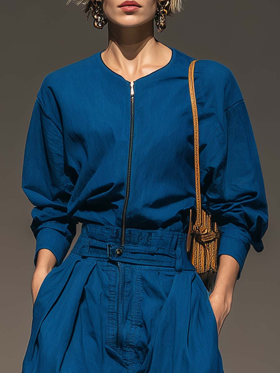Exquisite Casual Royal Blue Cotton Round Neck Front Zipper Loose Jumpsuit