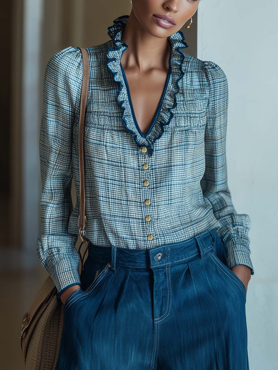 Oakly Fashion™ | Metal Button Blue Plaid Shirt
