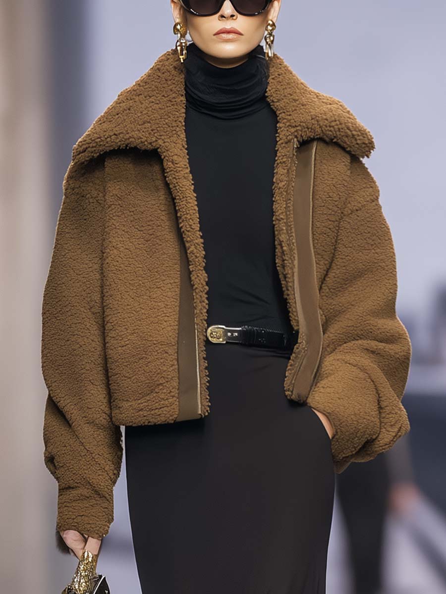 Exquisite And Fashionable Urban Large Lapel Brown Polar Fleece Jacket