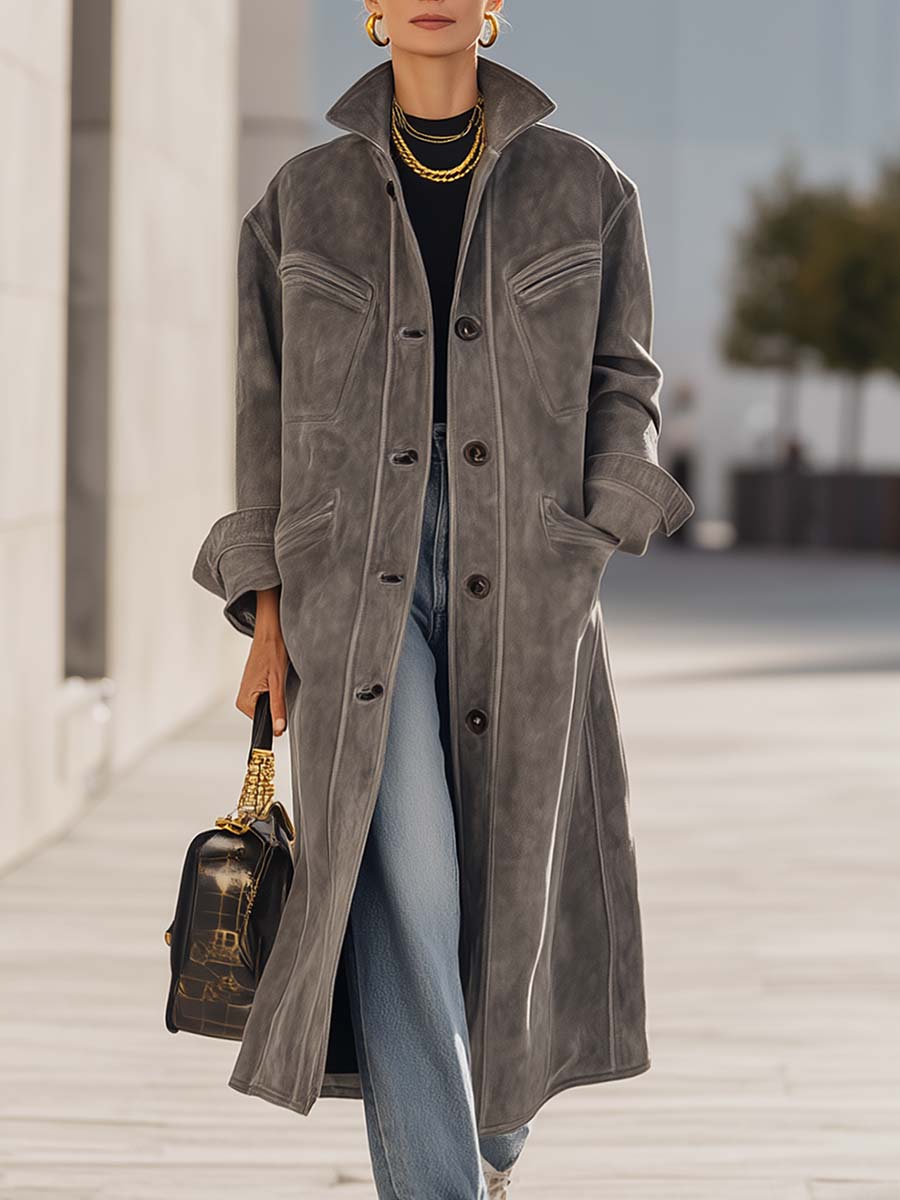 Vintage Urban Western Lapel Front Button Grey Premium Faux Suede Coat