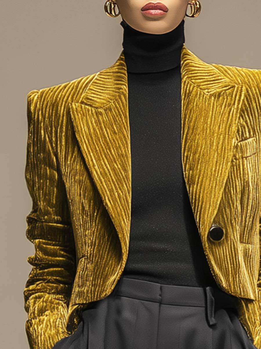 Temperament And Fashion Peaked Lapel One Button X-shaped Short Gold Texture Velvet Blazer