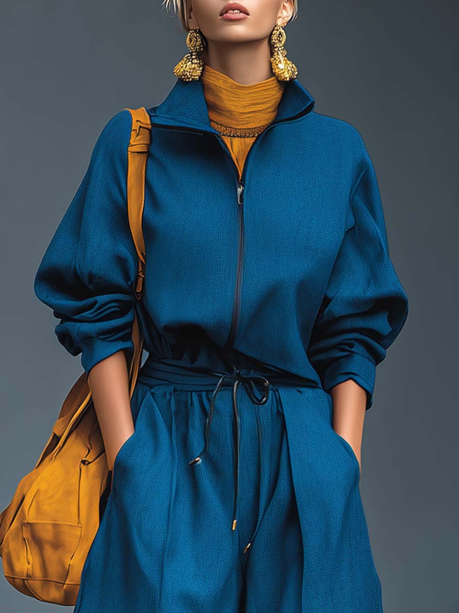 Casual Fashion Lapel Front Zipper Scimitar Wide Pants Royal Blue Cotton Jumpsuit
