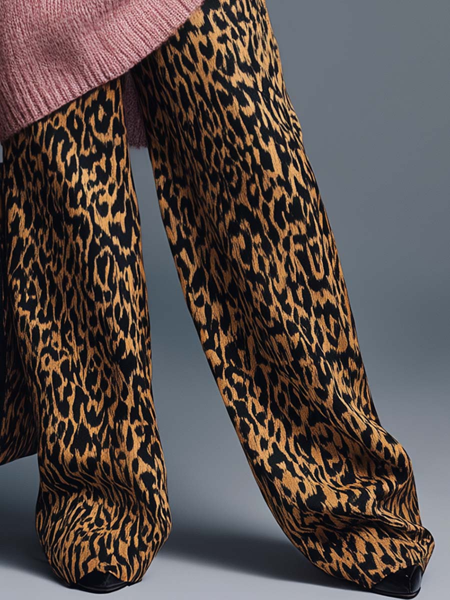 High-end Comfortable Versatile Brown Leopard Print Wide-leg Pants