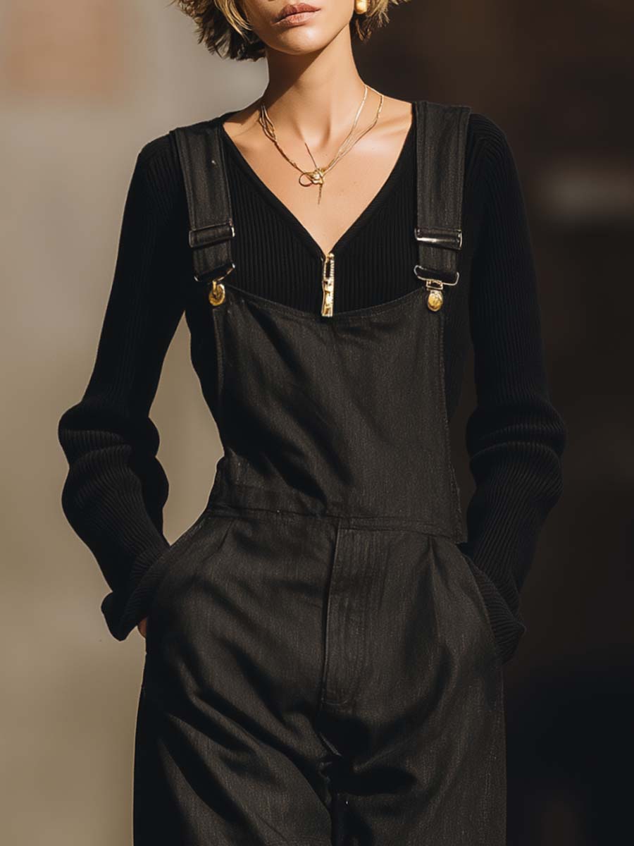 Classic Simple And Versatile Black High-quality Denim Wide-leg Jumpsuit