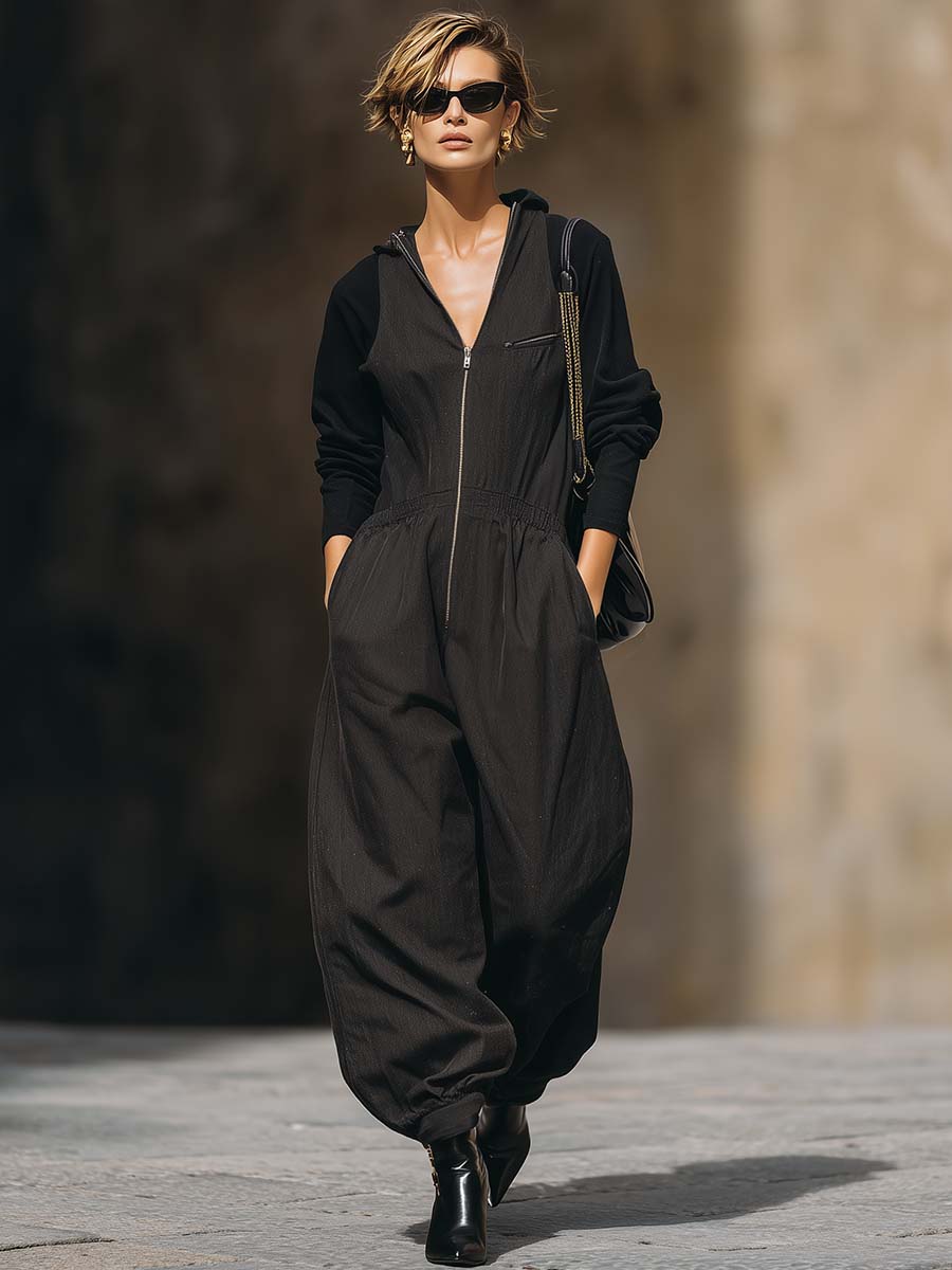 Casual Fashion Urban Hooded Sleeveless Front Zipper Black Loose Jumpsuit