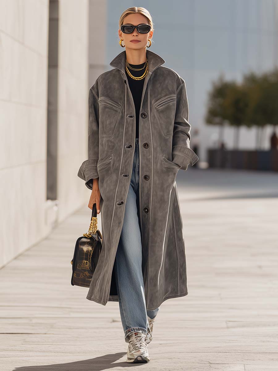 Vintage Urban Western Lapel Front Button Grey Premium Faux Suede Coat