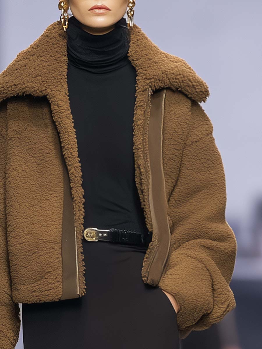 Exquisite And Fashionable Urban Large Lapel Brown Polar Fleece Jacket