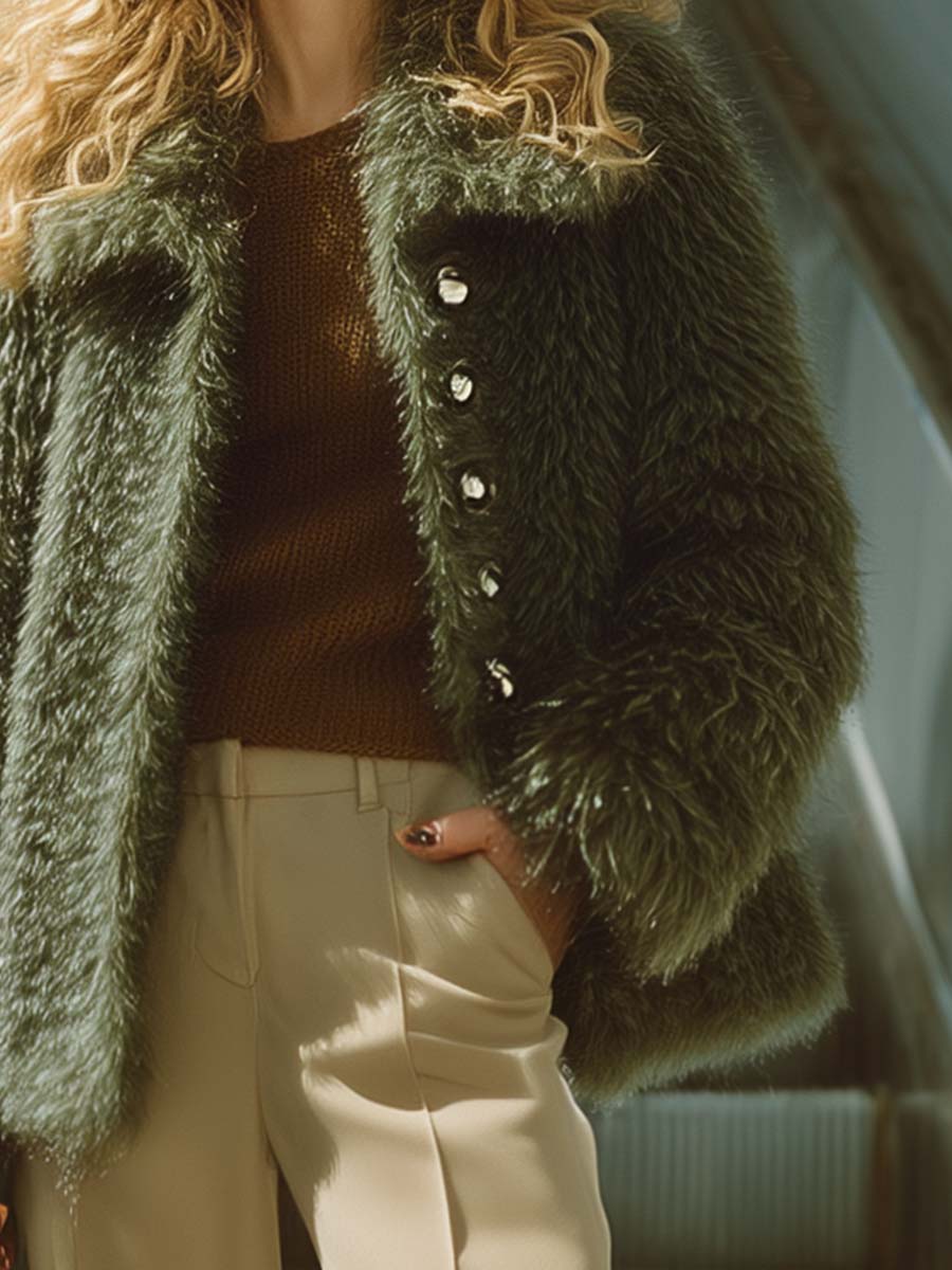 Retro Fashion Lapel Front Button Pea Green Faux Fur Jacket Coat
