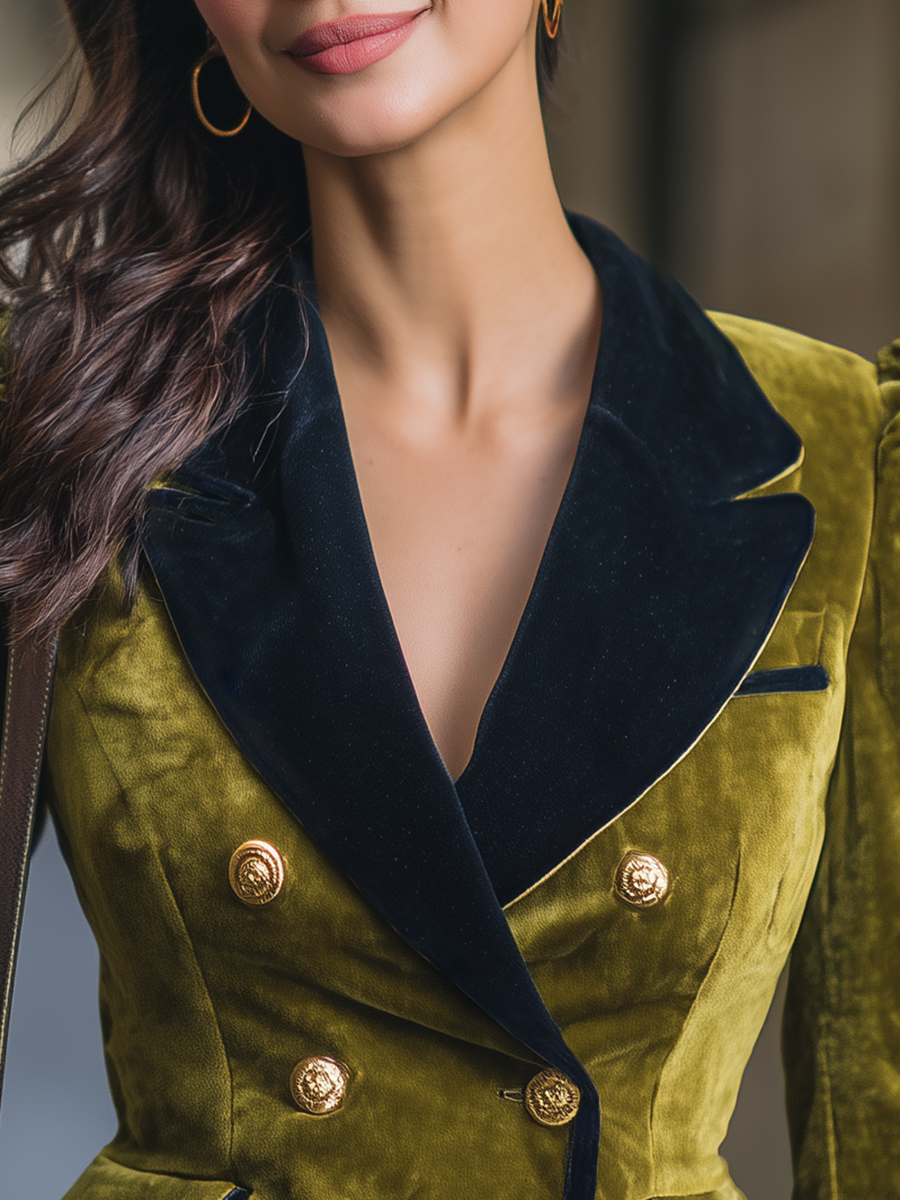 Retro Elegant Contrast Lapel Velvet Blazer