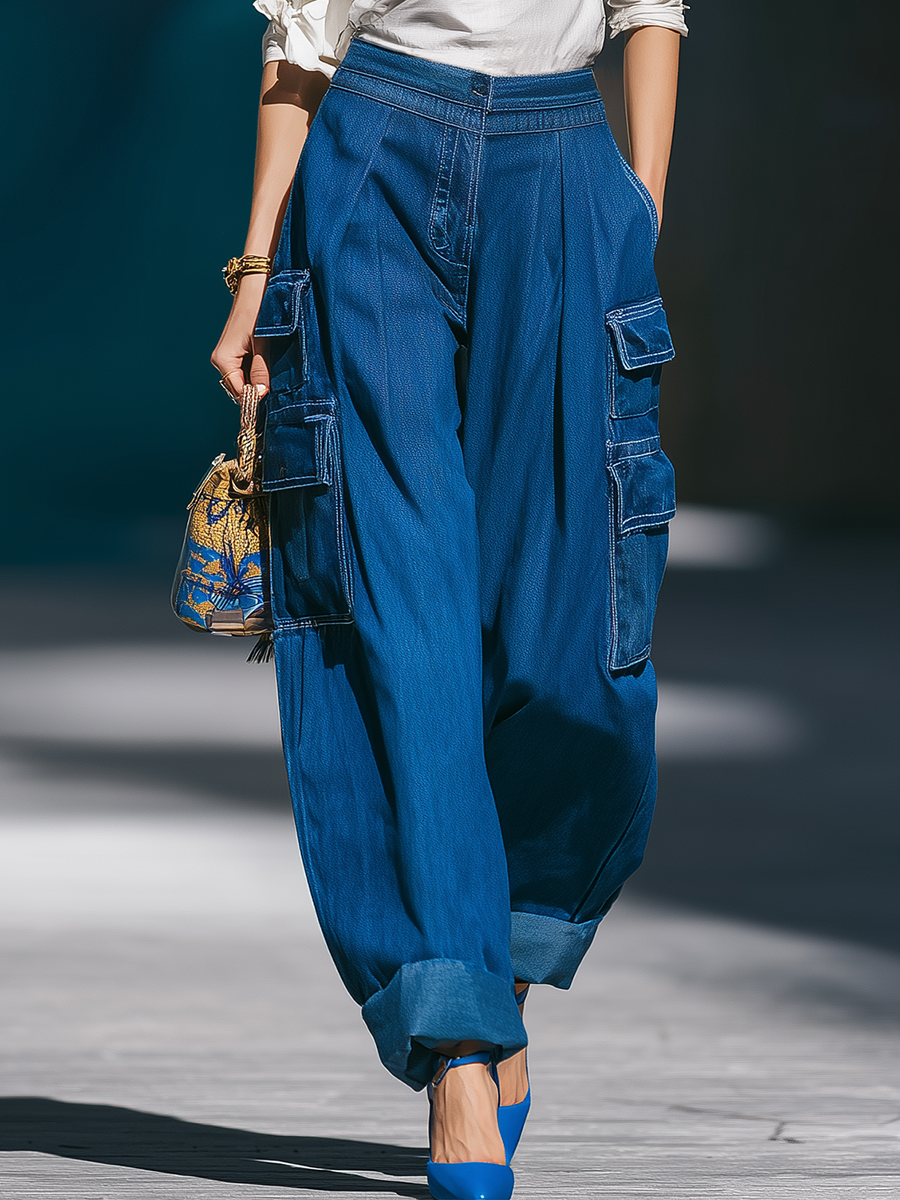 Retro Street Style Multi-Pocket Denim Cargo Pants