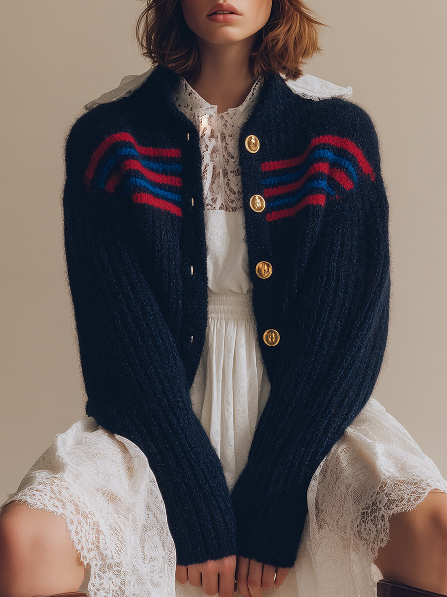 Retro And Fashionable Red And Blue Striped Navy Blue Mohair Knitted Cardigan