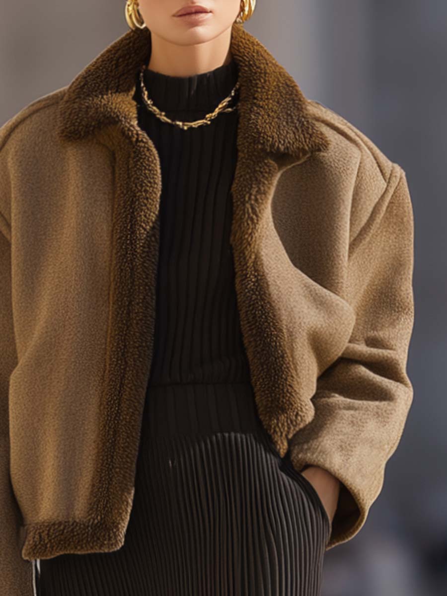 Temperament Simple And Versatile Brown Woolen Wide Shoulder Lapel Jacket
