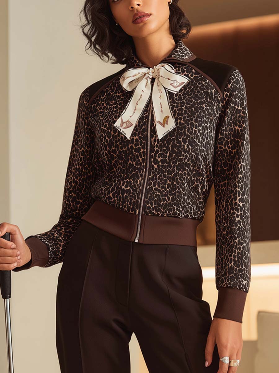 Retro Fashion Sports Lapel Bow Tie Front Zipper Brown Matte Velvet Leopard Print Jacket