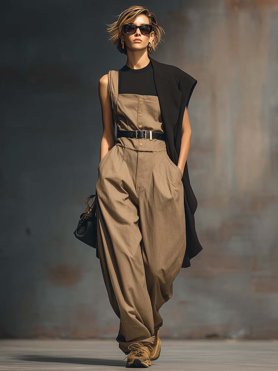 Temperament Versatile Urban Brown Square Collar Front Buckle Belt Jumpsuit