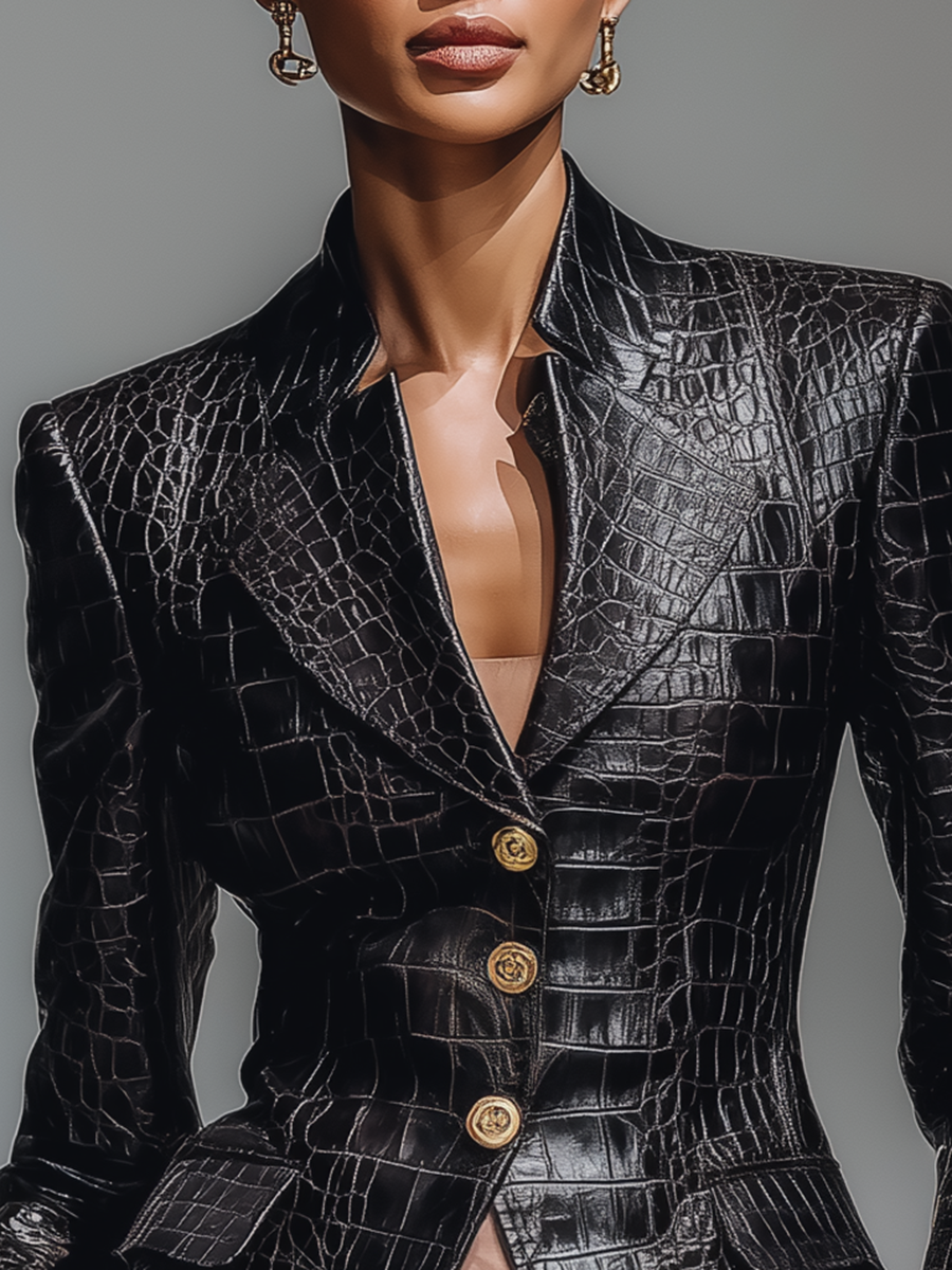 Vintage Faux Crocodile Leather Single-Breasted Blazer
